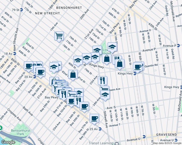 map of restaurants, bars, coffee shops, grocery stores, and more near 2239 80th Street in Brooklyn