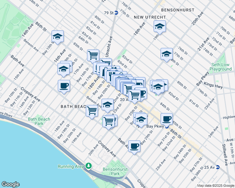 map of restaurants, bars, coffee shops, grocery stores, and more near 8637 19th Avenue in Brooklyn