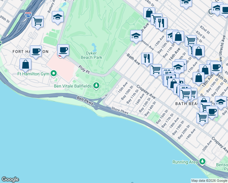 map of restaurants, bars, coffee shops, grocery stores, and more near 349 Bay 8th Street in Brooklyn