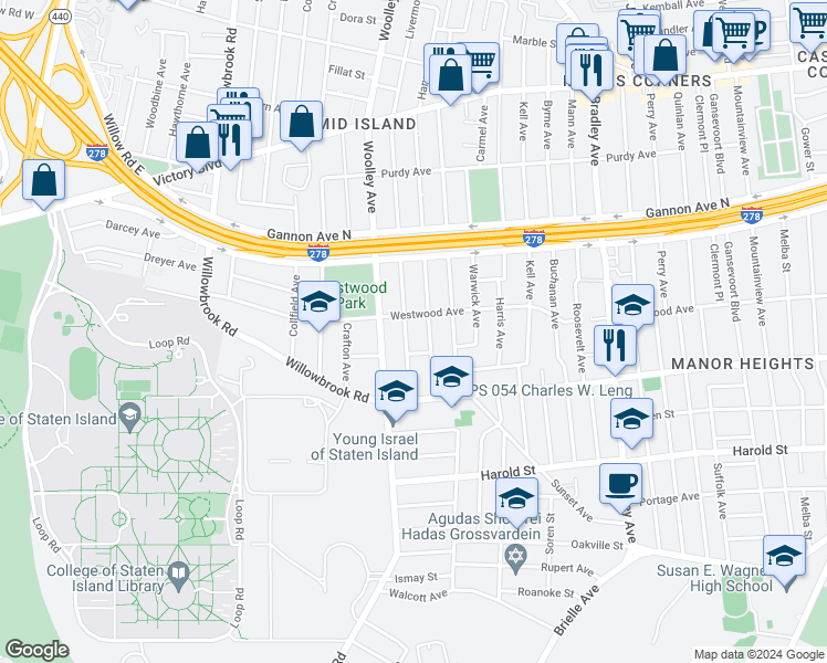 map of restaurants, bars, coffee shops, grocery stores, and more near 242 Ardmore Avenue in Staten Island