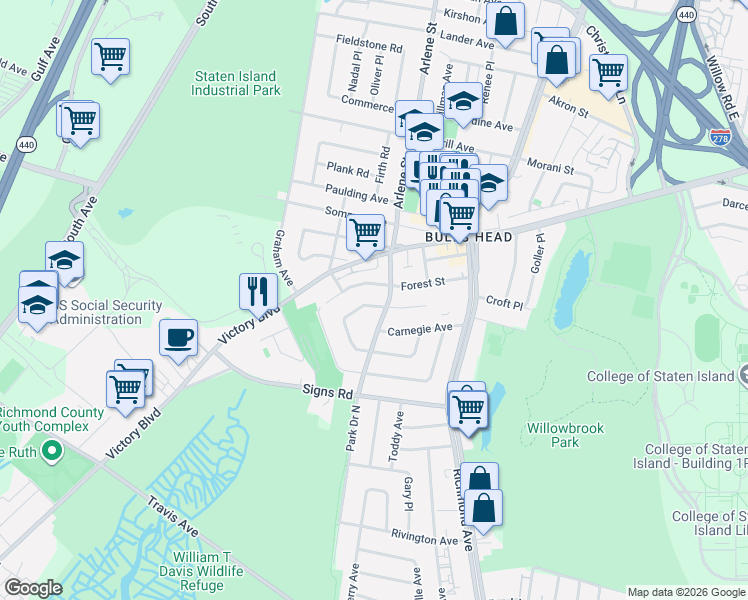 map of restaurants, bars, coffee shops, grocery stores, and more near 512 Arlene Street in Staten Island