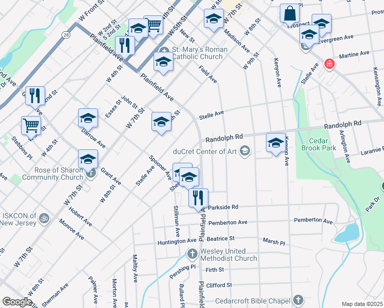 map of restaurants, bars, coffee shops, grocery stores, and more near 1020 Plainfield Avenue in Plainfield