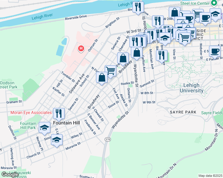 map of restaurants, bars, coffee shops, grocery stores, and more near 608 Fiot Avenue in Bethlehem