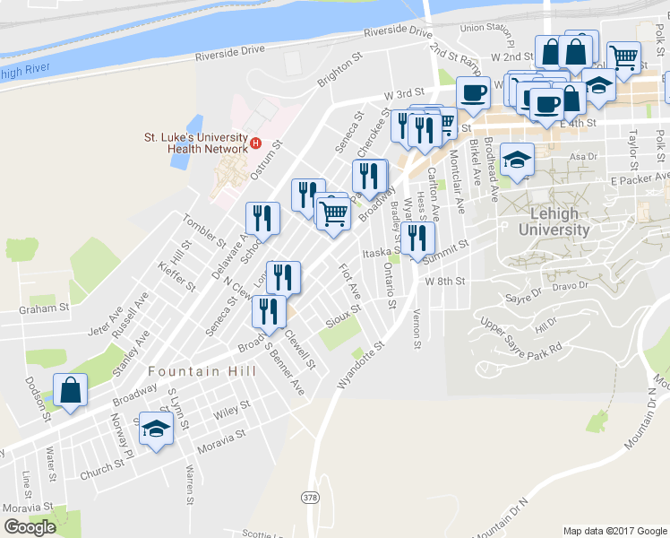 map of restaurants, bars, coffee shops, grocery stores, and more near 608 Fiot Avenue in Bethlehem
