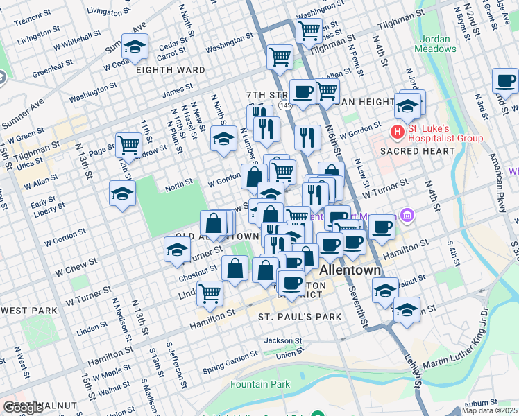 map of restaurants, bars, coffee shops, grocery stores, and more near 235 North Ninth Street in Allentown