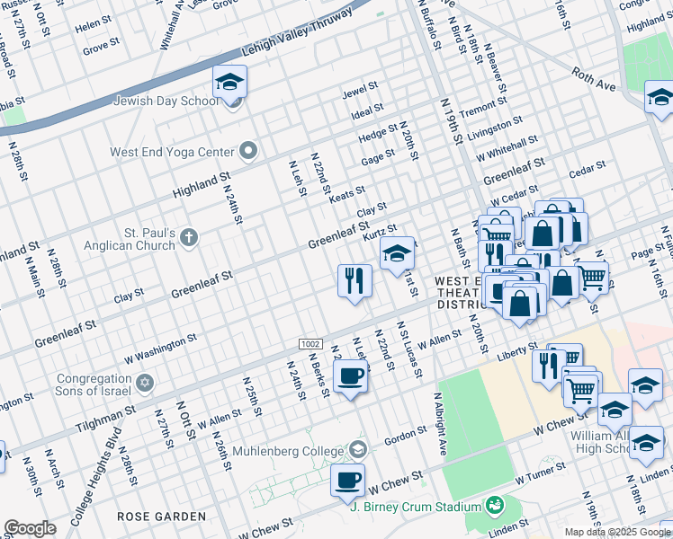 map of restaurants, bars, coffee shops, grocery stores, and more near 2207 West Washington Street in Allentown