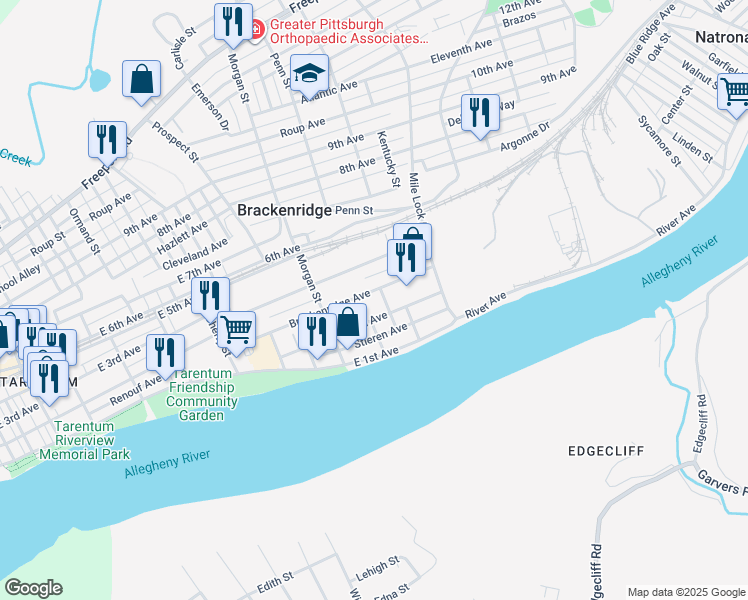 map of restaurants, bars, coffee shops, grocery stores, and more near 1056 Hathaway Street in Brackenridge