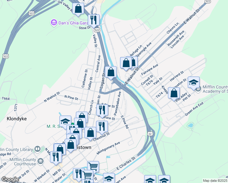 map of restaurants, bars, coffee shops, grocery stores, and more near 208 South Walnut Street in Lewistown