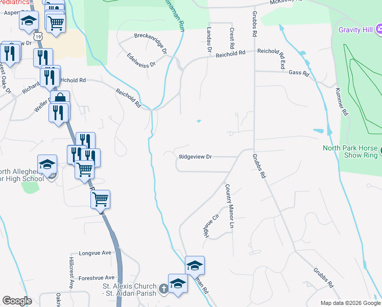 map of restaurants, bars, coffee shops, grocery stores, and more near 218 Ridgeview Drive in Wexford