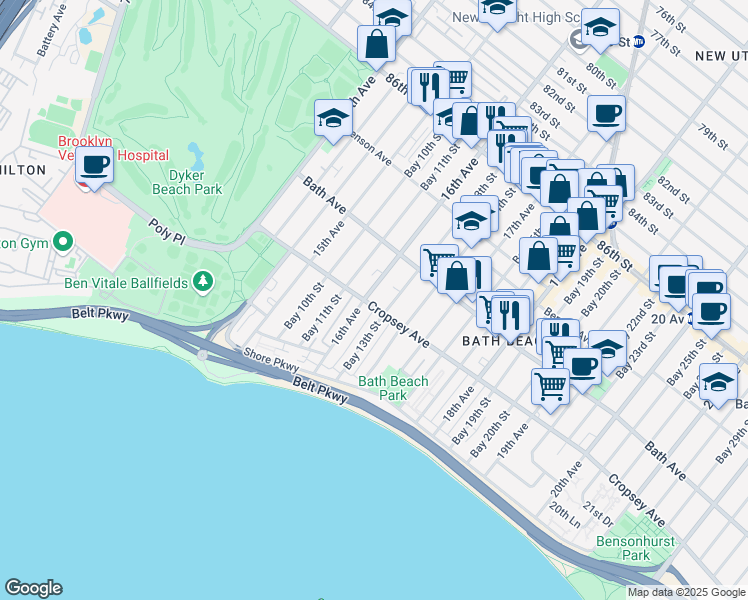 map of restaurants, bars, coffee shops, grocery stores, and more near 1605 Cropsey Avenue in Brooklyn