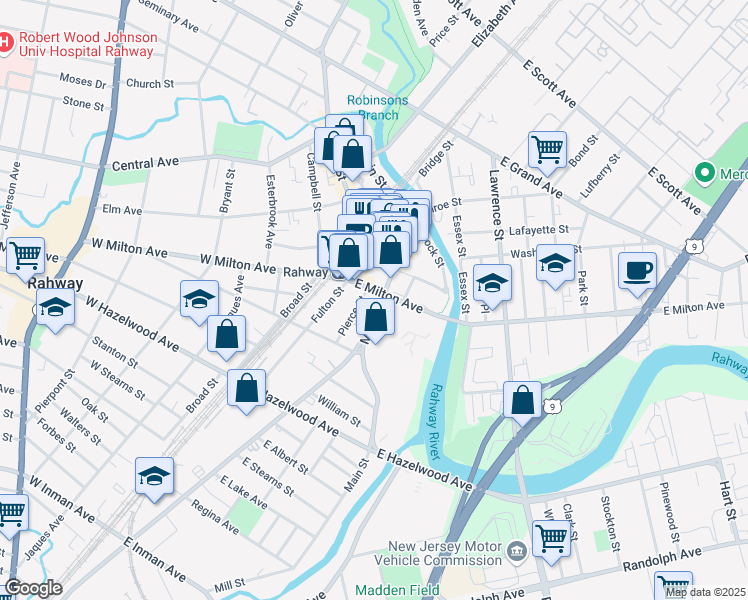 map of restaurants, bars, coffee shops, grocery stores, and more near 123 East Milton Avenue in Rahway