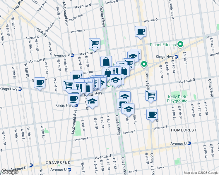 map of restaurants, bars, coffee shops, grocery stores, and more near 1800 Ocean Parkway in Brooklyn