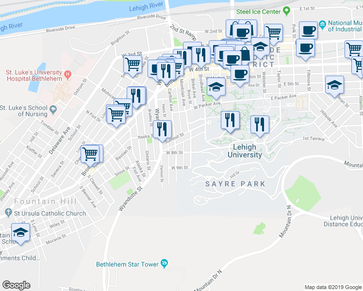 map of restaurants, bars, coffee shops, grocery stores, and more near 618 Muschlitz Street in Bethlehem