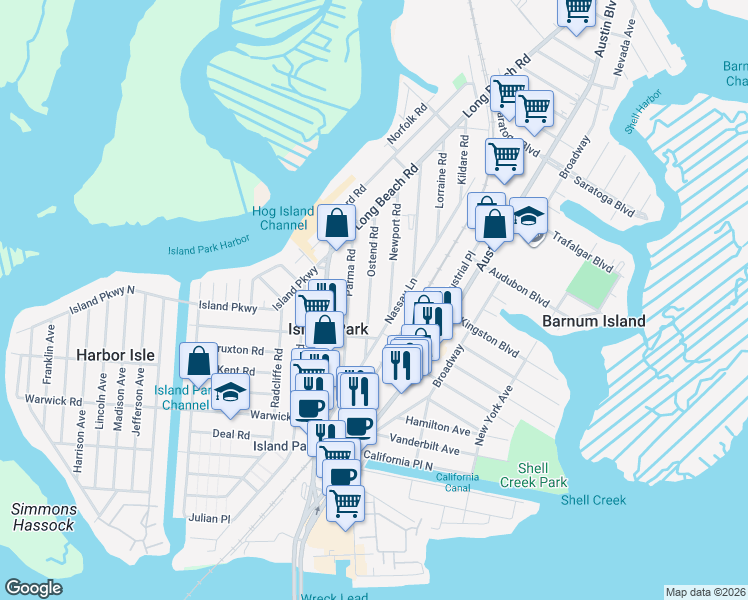 map of restaurants, bars, coffee shops, grocery stores, and more near 12 Newport Road in Island Park