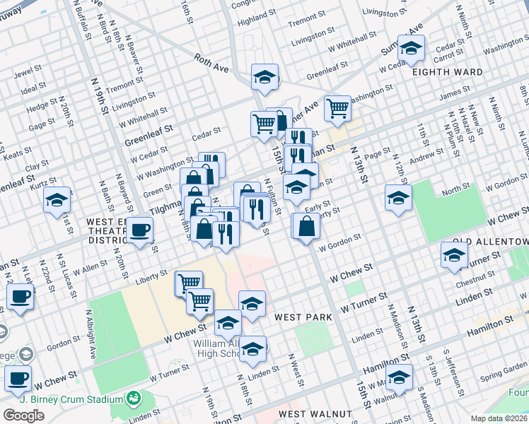 map of restaurants, bars, coffee shops, grocery stores, and more near 529 North 16th Street in Allentown