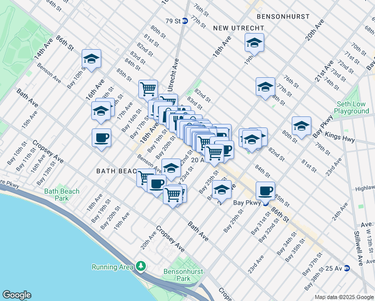 map of restaurants, bars, coffee shops, grocery stores, and more near 8637 19th Avenue in Brooklyn