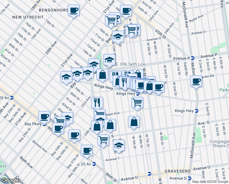 map of restaurants, bars, coffee shops, grocery stores, and more near 58 Quentin Road in Brooklyn