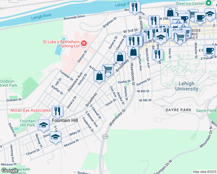 map of restaurants, bars, coffee shops, grocery stores, and more near 608 Fiot Avenue in Bethlehem