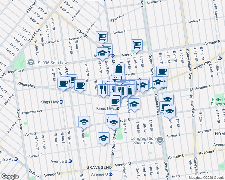 map of restaurants, bars, coffee shops, grocery stores, and more near 1950 McDonald Avenue in Brooklyn