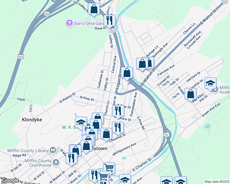 map of restaurants, bars, coffee shops, grocery stores, and more near 23 South Walnut Street in Lewistown
