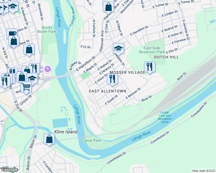 map of restaurants, bars, coffee shops, grocery stores, and more near 226 East Fairview Street in Allentown