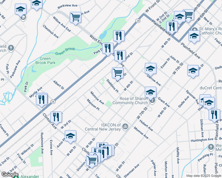 map of restaurants, bars, coffee shops, grocery stores, and more near 927 West 3rd Street in Plainfield