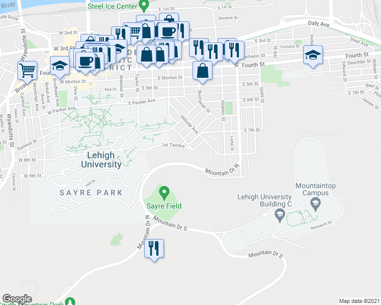 map of restaurants, bars, coffee shops, grocery stores, and more near 520 1st Terrace in Bethlehem