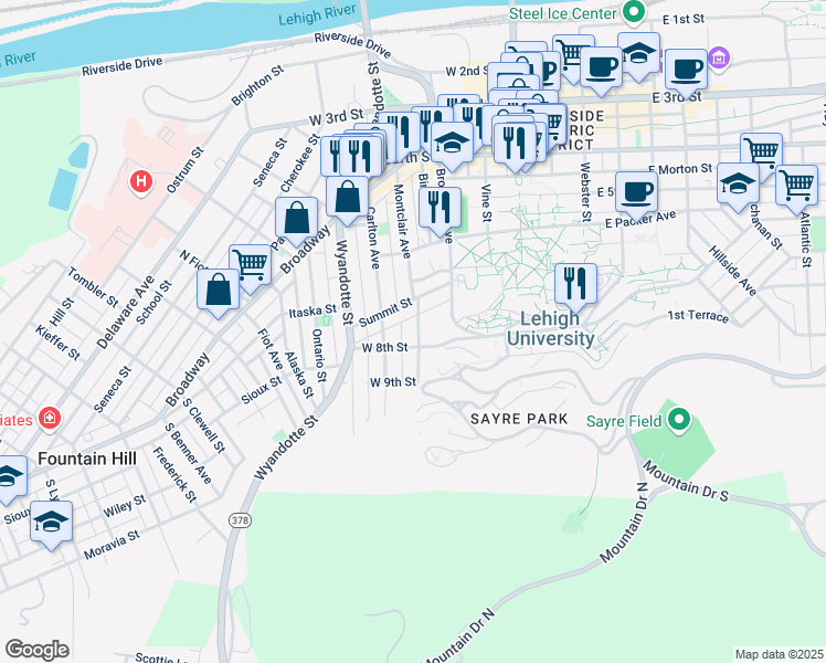 map of restaurants, bars, coffee shops, grocery stores, and more near 628 Montclair Avenue in Bethlehem