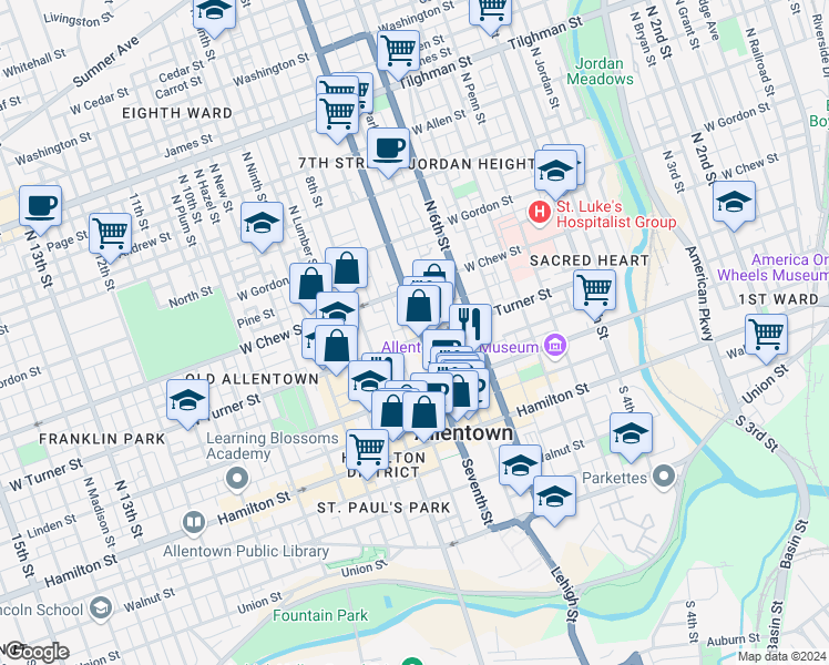 map of restaurants, bars, coffee shops, grocery stores, and more near 208 North 7th Street in Allentown