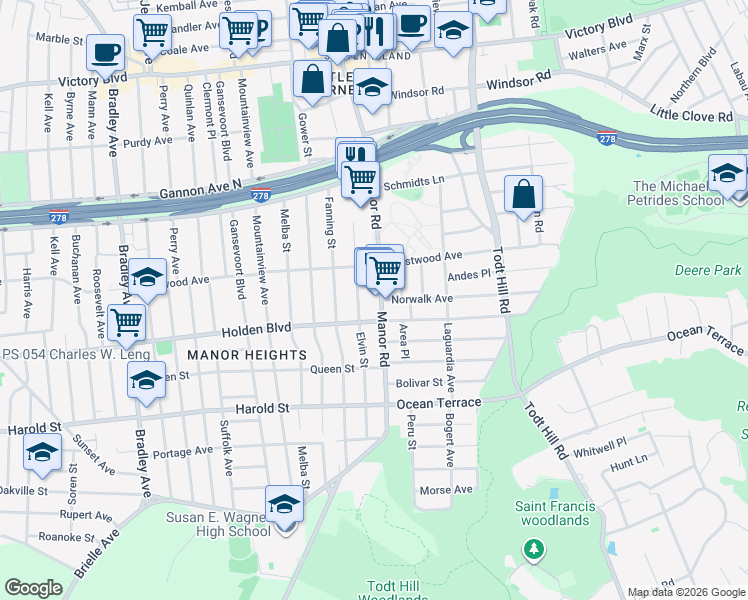 map of restaurants, bars, coffee shops, grocery stores, and more near 876 Manor Road in Staten Island