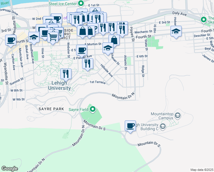 map of restaurants, bars, coffee shops, grocery stores, and more near 520 1st Terrace in Bethlehem