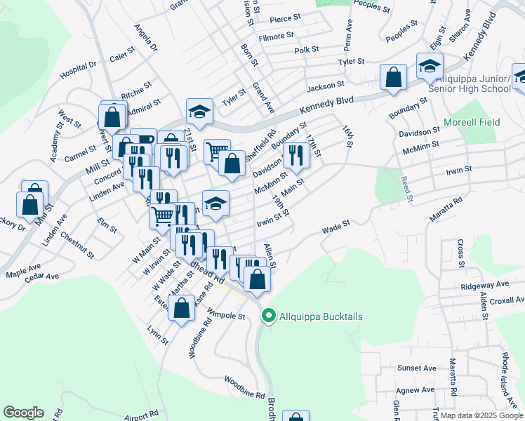 map of restaurants, bars, coffee shops, grocery stores, and more near 1917 Main Street in Aliquippa