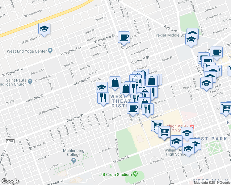 map of restaurants, bars, coffee shops, grocery stores, and more near 2019 West Green Street in Allentown