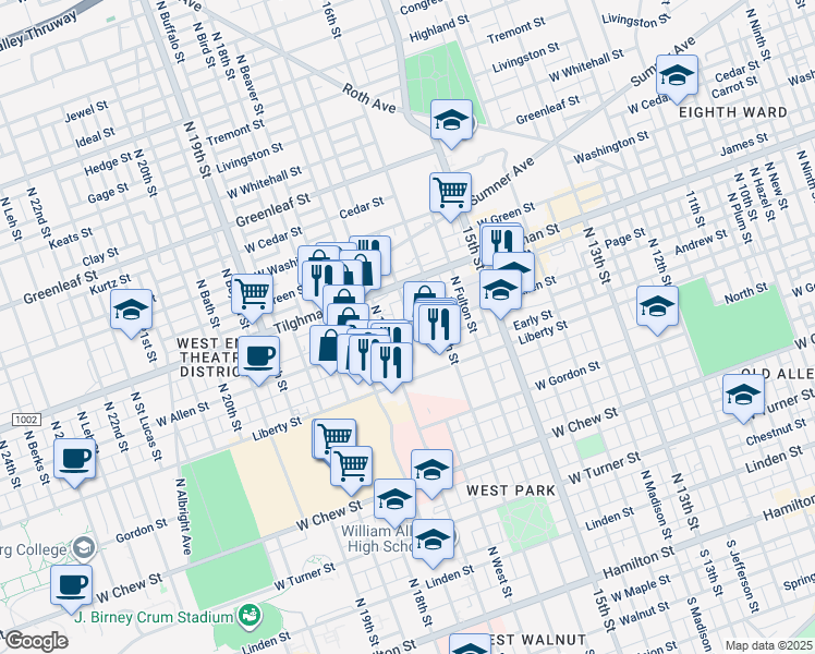 map of restaurants, bars, coffee shops, grocery stores, and more near 1629 West Allen Street in Allentown