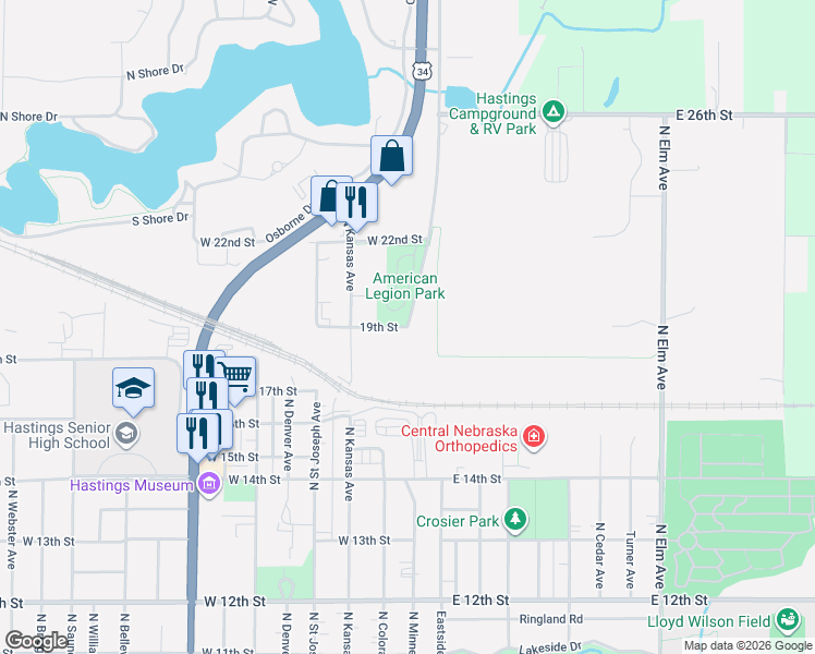 map of restaurants, bars, coffee shops, grocery stores, and more near 19th Street in Hastings