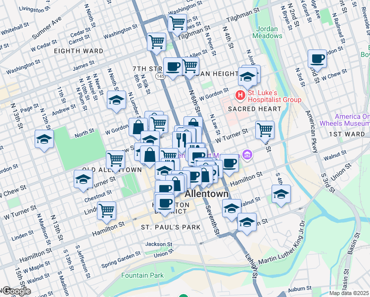 map of restaurants, bars, coffee shops, grocery stores, and more near 208 North 7th Street in Allentown
