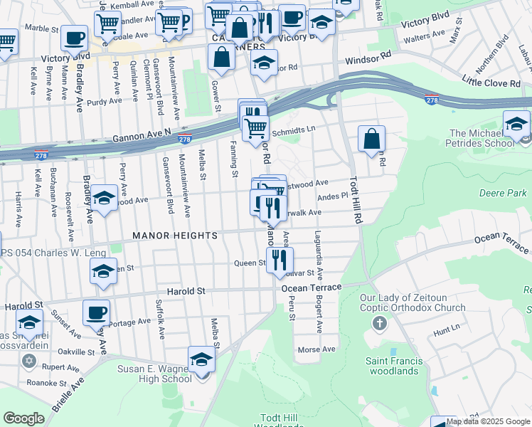 map of restaurants, bars, coffee shops, grocery stores, and more near 876 Manor Road in Staten Island
