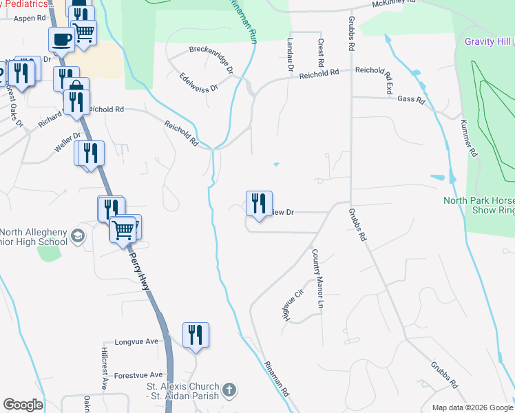 map of restaurants, bars, coffee shops, grocery stores, and more near 218 Ridgeview Drive in Wexford