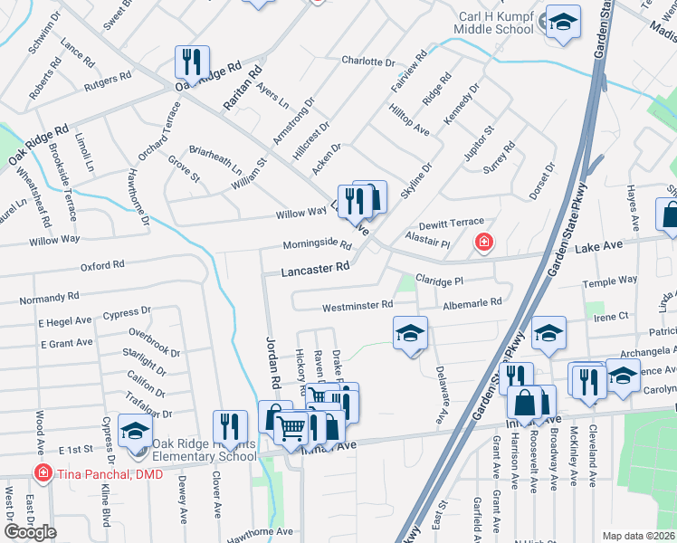 map of restaurants, bars, coffee shops, grocery stores, and more near 82 Cameo Place in Woodbridge Township