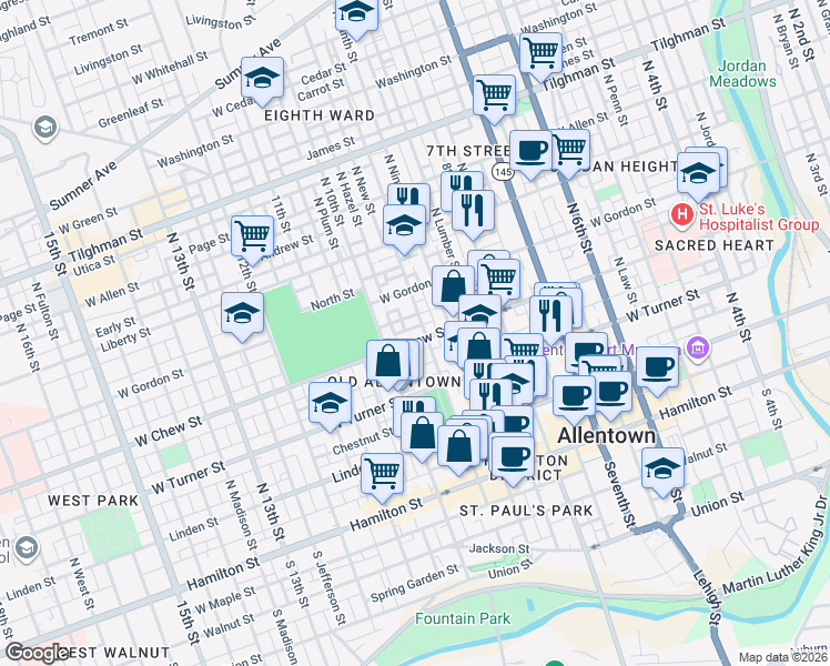 map of restaurants, bars, coffee shops, grocery stores, and more near 928 West Chew Street in Allentown