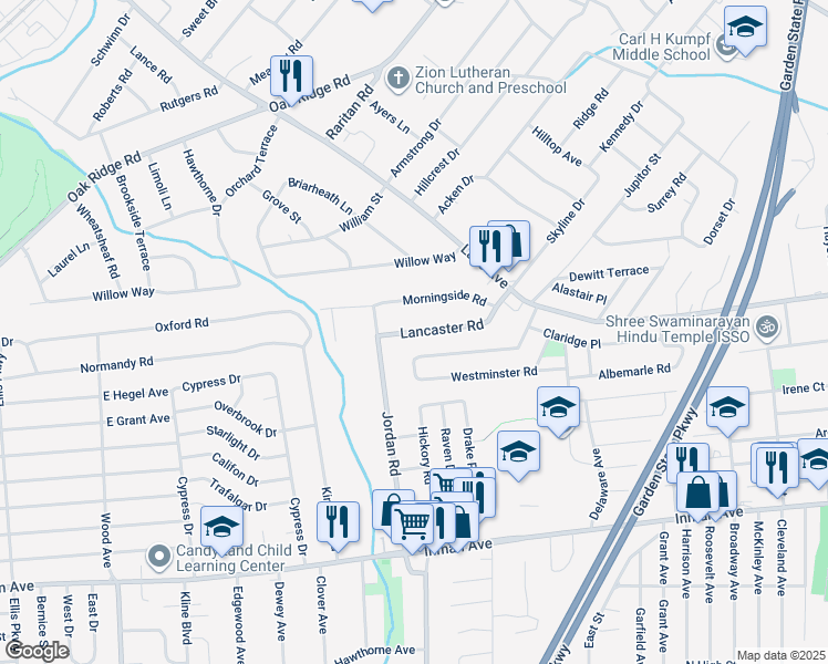 map of restaurants, bars, coffee shops, grocery stores, and more near 85 Lancaster Road in Woodbridge Township