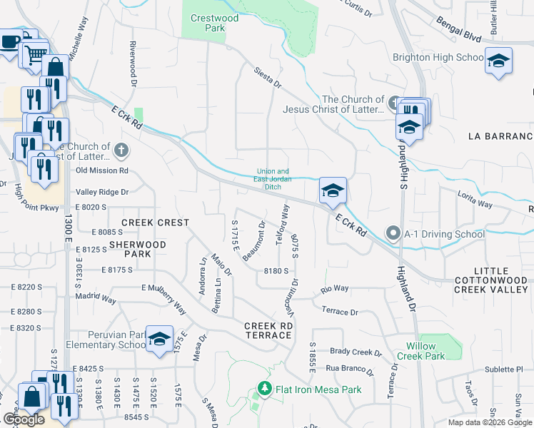 map of restaurants, bars, coffee shops, grocery stores, and more near 8040 Viscounti Circle in Sandy