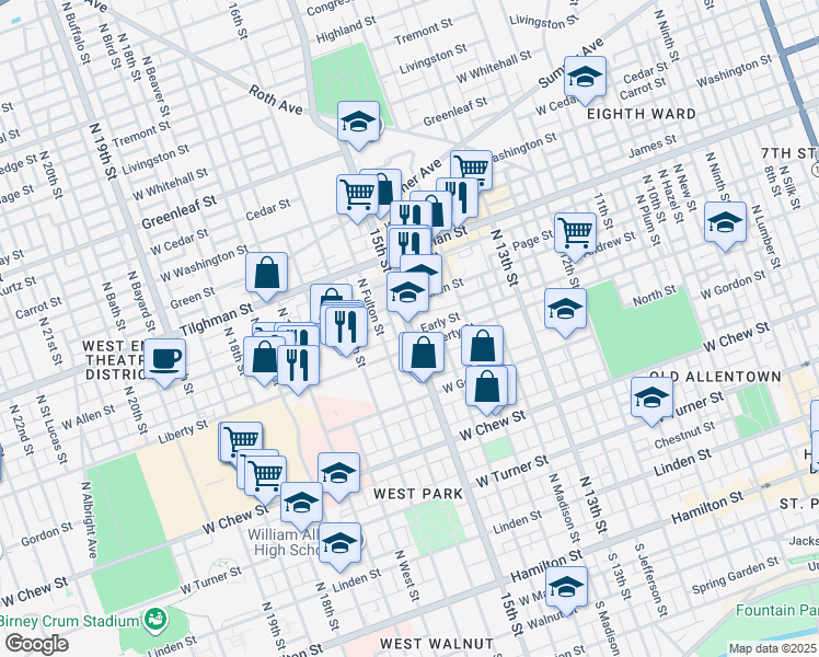 map of restaurants, bars, coffee shops, grocery stores, and more near 517 North 15th Street in Allentown