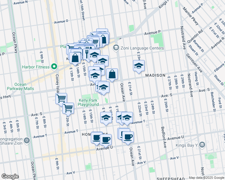 map of restaurants, bars, coffee shops, grocery stores, and more near 1845 East 18th Street in Brooklyn