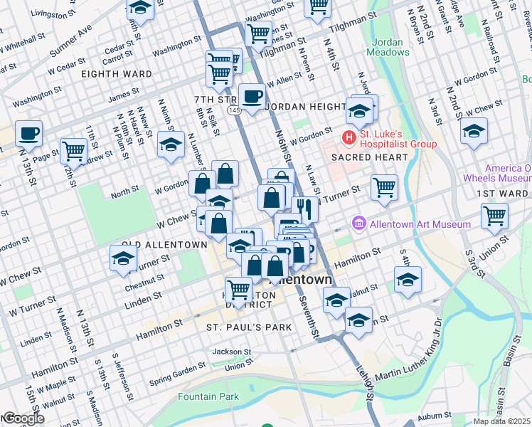 map of restaurants, bars, coffee shops, grocery stores, and more near 721 West Turner Street in Allentown