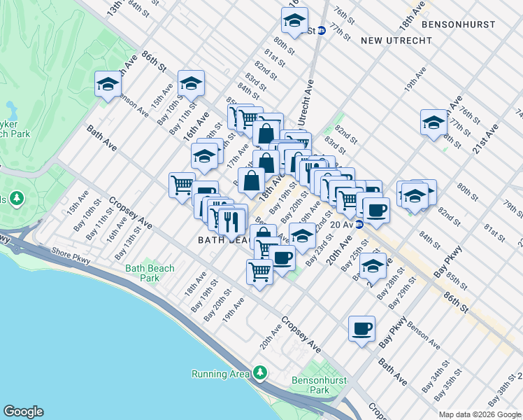 map of restaurants, bars, coffee shops, grocery stores, and more near 102 Bay 19th Street in Brooklyn