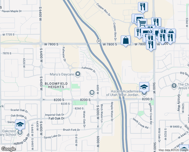 map of restaurants, bars, coffee shops, grocery stores, and more near 6028 West Highlandbrook Drive in West Jordan