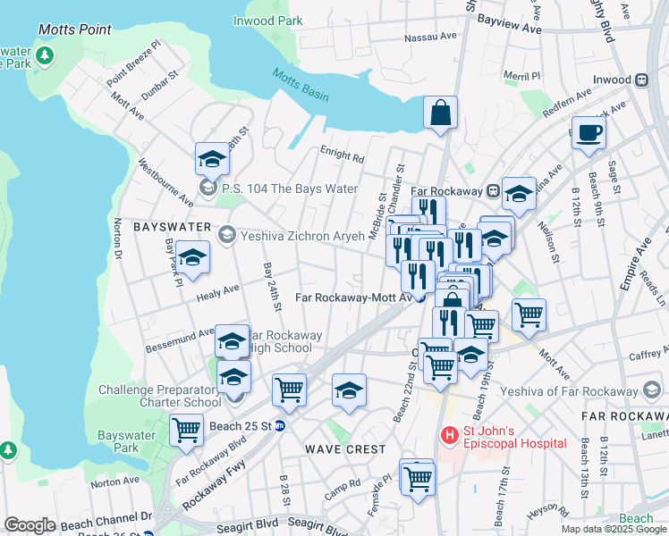 map of restaurants, bars, coffee shops, grocery stores, and more near 23-11 Healy Avenue in Queens