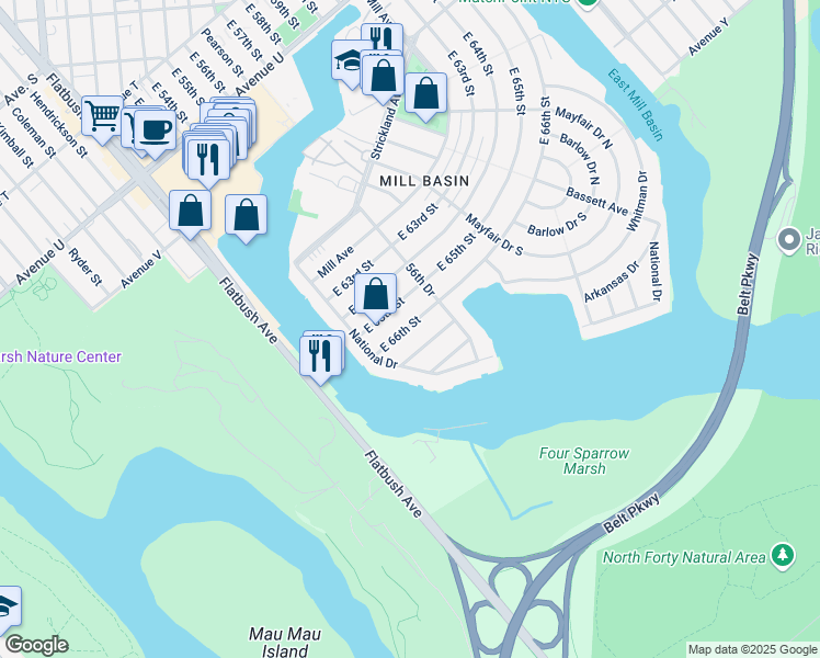map of restaurants, bars, coffee shops, grocery stores, and more near 2759 East 66th Street in Brooklyn