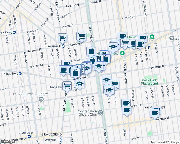 map of restaurants, bars, coffee shops, grocery stores, and more near 501 Avenue R in Brooklyn